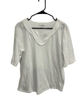 Coral Bay White Cotton Top Scoop Neck Pom Trim Size Large Coastal Cottagecore